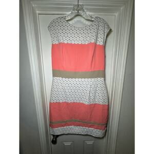 Studio One Sleeveless Coral Tan White Lace Overlay Sheath Dress Women's Size 14